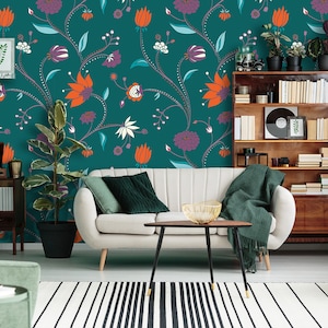 Carta da parati floreale verde, carta da parati con fiori d'arancio, autoadesiva, stacca e incolla, rimovibile o tradizionale, carta da parati in vinile