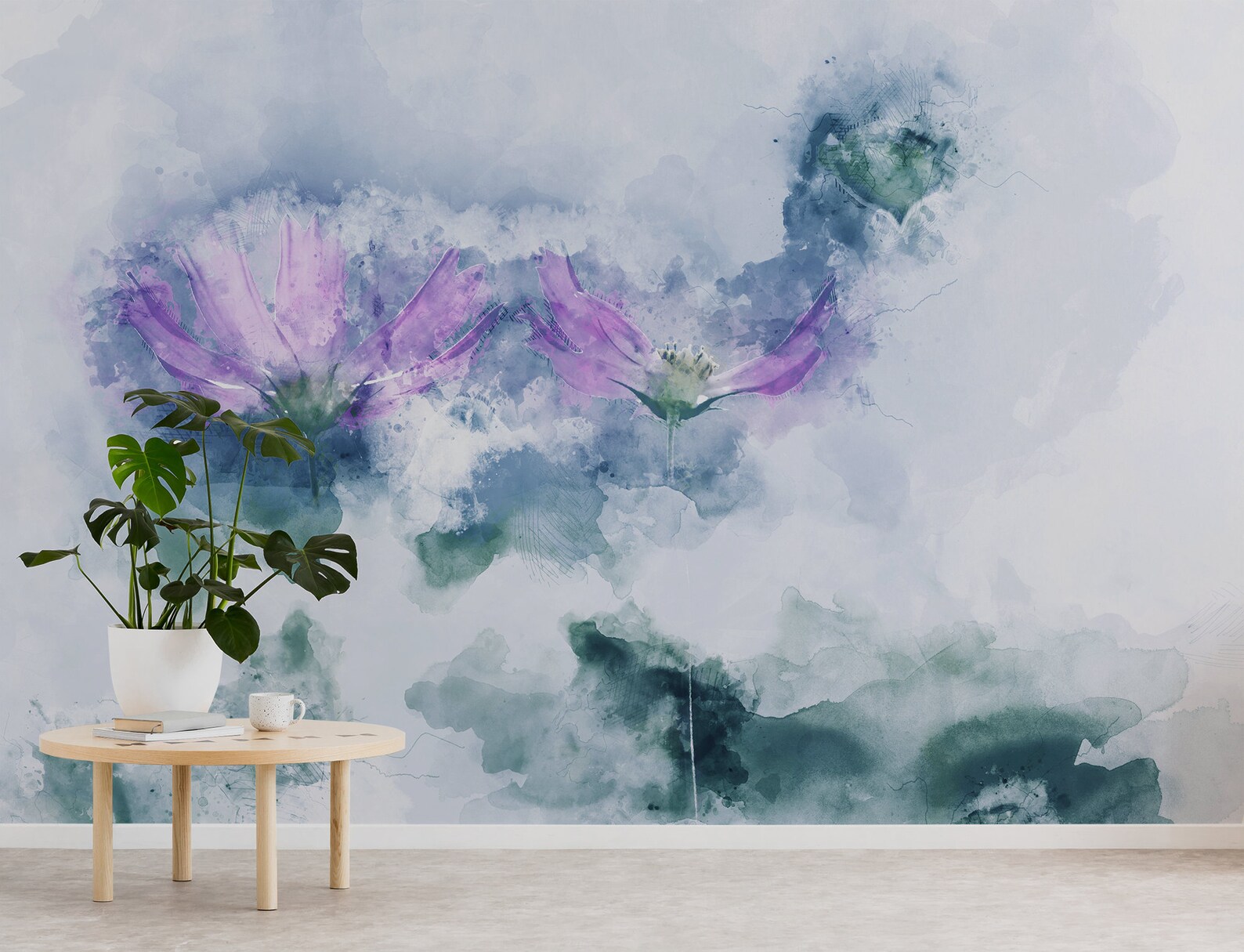 Purple Grey Floral Wallpaper, Self Adhesive Removable Wallpaper, Watercolor Floral Wall Art