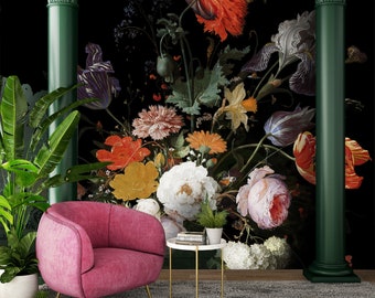 Dutch flowers wall mural, dark floral wallpaper, peel and stick wall decor, vintage wall mural, still life wall art, painting wallpaper