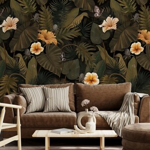 Tropical exotic wall mural, flowers andbutterflies wallpaper, dark self adhesive removable wallpaper, peel and stick wallpaper, wall decor