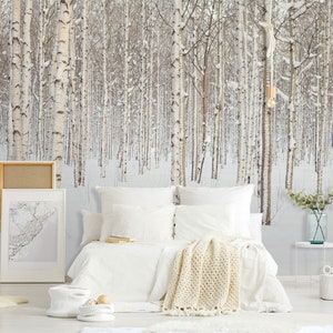 Forest in winter wall mural, self adhesive removable wallpaper, birch trees wallpaper, peel and stick wallpaper, wall decor