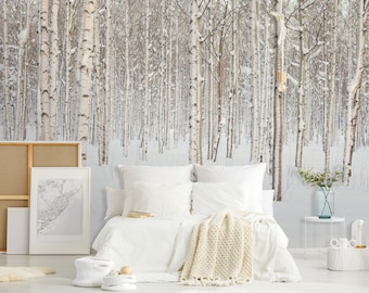 Forest in winter wall mural, self adhesive removable wallpaper, birch trees wallpaper, peel and stick wallpaper, wall decor