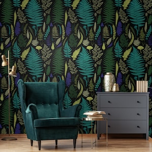Leaves & herbs wallpaper, peel and stick wall mural, hand drawn floral pattern, dark removable wallpaper, home decor