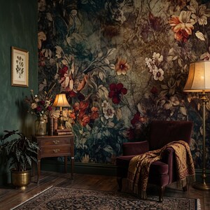Dark garden wallpaper, vintage floral wall mural, wall art, home decor, self adhesive peel and stick or traditional vinyl image 1