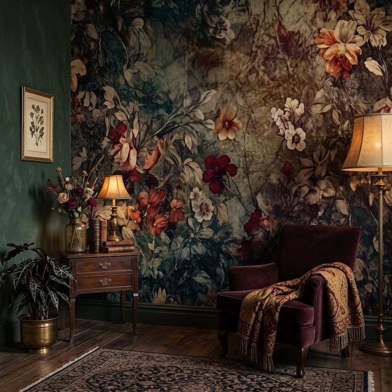 Dark garden wallpaper, vintage floral wall mural, wall art, home decor, self adhesive peel and stick or traditional vinyl image 1