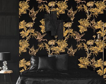 Papel tapiz floral negro, papel tapiz con dibujos de flores y pájaros, autoadhesivo, despegable y pegable, papel tapiz removible o tradicional.