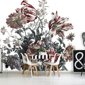 Basket of flowers wall mural, self adhesive floral wallpaper, old etching wallpaper, temporary removable wallpaper#