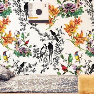 Birds and tropical flowers wallpaper, peel and stick wallpaper, floral wall mural, self adhesive removable wallpaper, wall decor