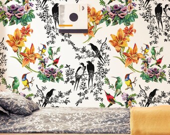 Birds and tropical flowers wallpaper, peel and stick wallpaper, floral wall mural, self adhesive removable wallpaper, wall decor