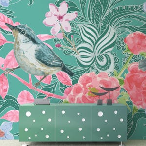 Vintage floral wallpaper, bird watercolor wall mural, self adhesive, peel and stick, removable or traditional, vinyl wallpaper