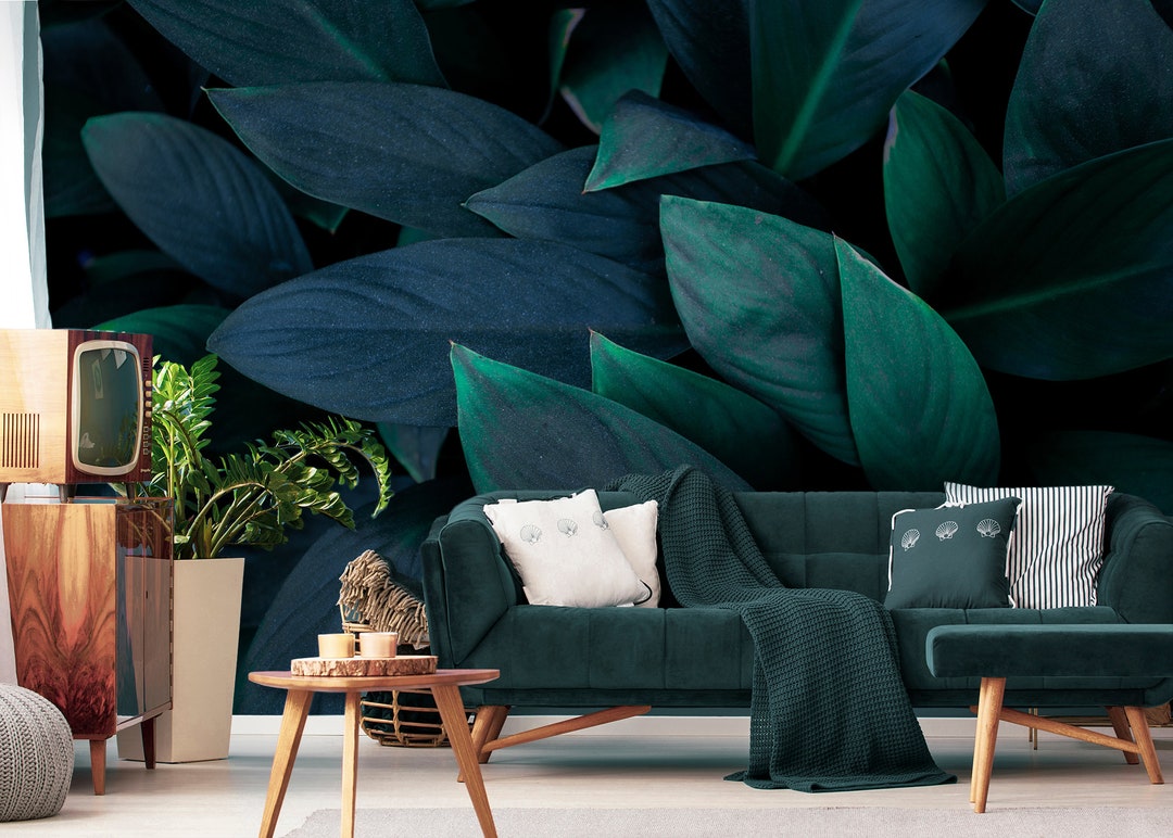Dark Tropical Wall Mural With Big Green Leaves, Peel and Stick ...
