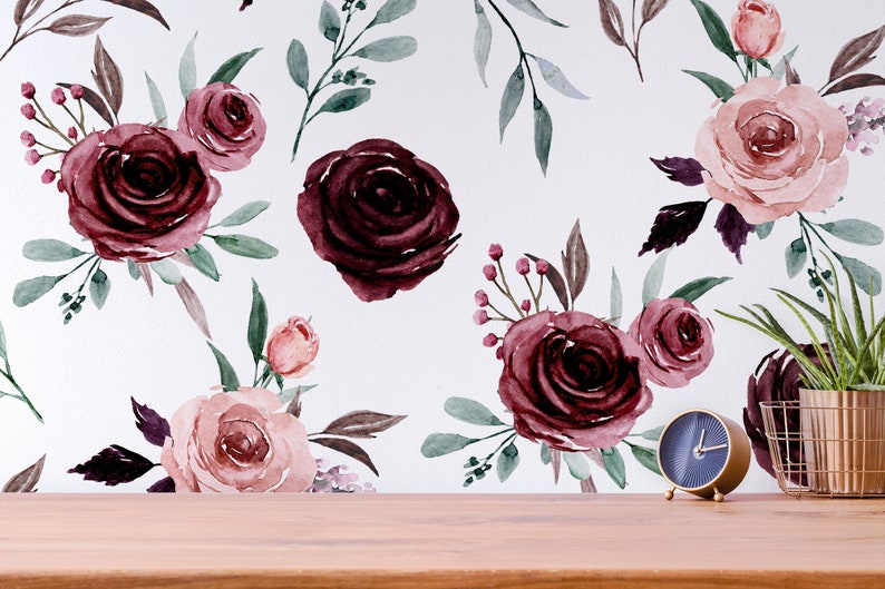 Watercolor Floral Wallpaper, Removable Peel and Stick Wall Mural ...