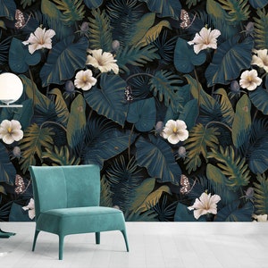 Dark tropical wall mural, exotic flowers and leaves wallpaper, self adhesive removable wallpaper, peel and stick wallpaper, wall decor