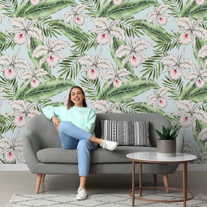 Tropical flower and leaf wallpaper, botanical wallpaper, self adhesive, peel and stick, removable or traditional, vinyl wallpaper