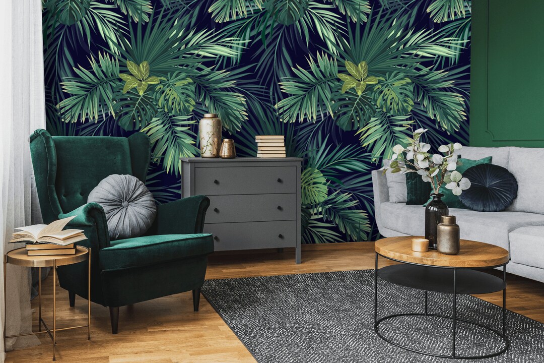 Dark Green Leaf Wallpaper, Peel and Stick Wallpaper, Leaf Print, Jungle ...