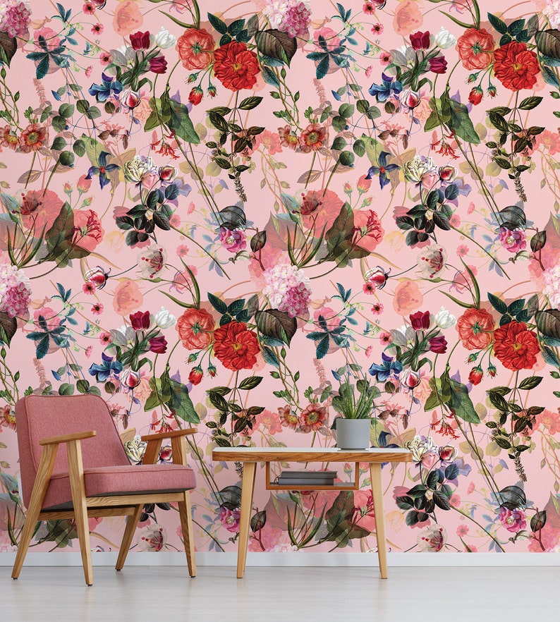 Pink floral wallpaper peel and stick wall mural with ...
