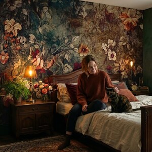 May include: A bedroom featuring a dark wood bed frame and a matching nightstand. The wall behind the bed is covered in wallpaper with a large-scale floral pattern in shades of deep green, red, and orange. A lamp and a plant sit on the nightstand.