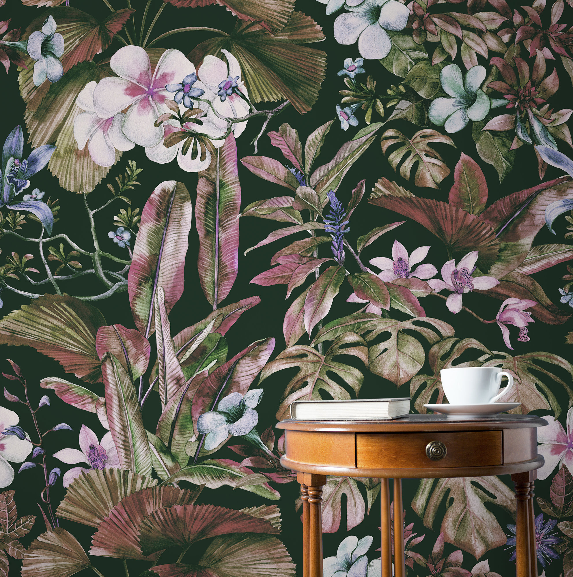 Dark Leaves and Flowers Wallpaper, Peel and Stick Wallpaper, Tropical ...