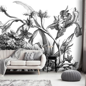 Papier peint floral noir et blanc, murale pelable et malsaine, croquis dessin, papier peint temporaire amovible, décoration intérieure