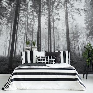 Dark foggy forest wall mural, tree landscape wallpaper, self adhesive removable wallpaper, peel and stick wallpaper, wall decor