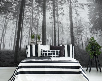Dark foggy forest wall mural, tree landscape wallpaper, self adhesive removable wallpaper, peel and stick wallpaper, wall decor
