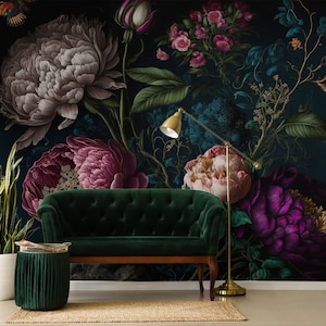 Carta da parati floreale vintage, bellissimi fiori su sfondo nero, autoadesiva, stacca e attacca, rimovibile o tradizionale, carta da parati in vinile