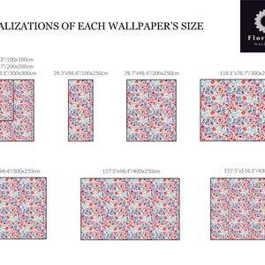 May include: A visual size guide for FloralArt wallpaper featuring a repeating floral pattern in red, blue, and white. The chart displays various rectangular dimensions in inches and centimetres, ranging from 39.3x39.3 inches to 157.5x118.1 inches.