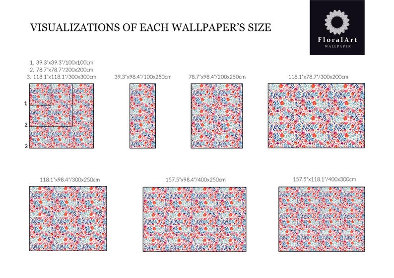May include: A visual size guide for FloralArt wallpaper featuring a repeating floral pattern in red, blue, and white. The chart displays various rectangular dimensions in inches and centimetres, ranging from 39.3x39.3 inches to 157.5x118.1 inches.