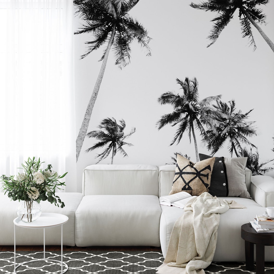 Black and White Palm Tree Wall Mural, Tropical Tree Wallpaper, Self ...