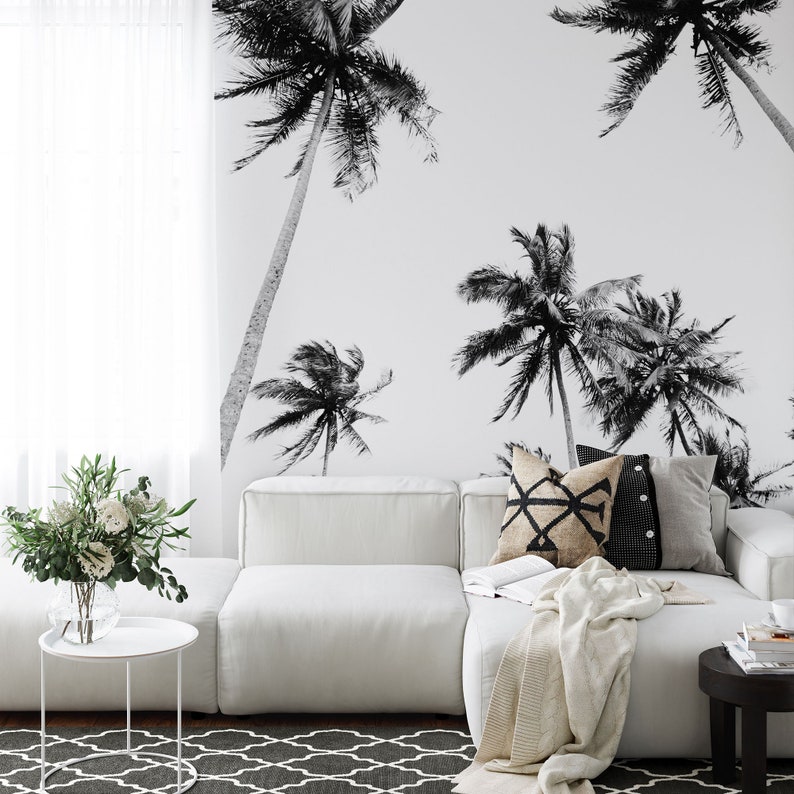 Black and White Palm Tree Wall Mural, Tropical Tree Wallpaper, Self ...