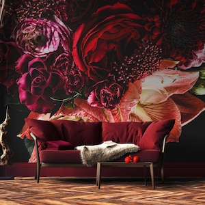 Dark red floral wallpaper, botanical wall mural, self adhesive, peel and stick, removable or traditional, vinyl wallpaper
