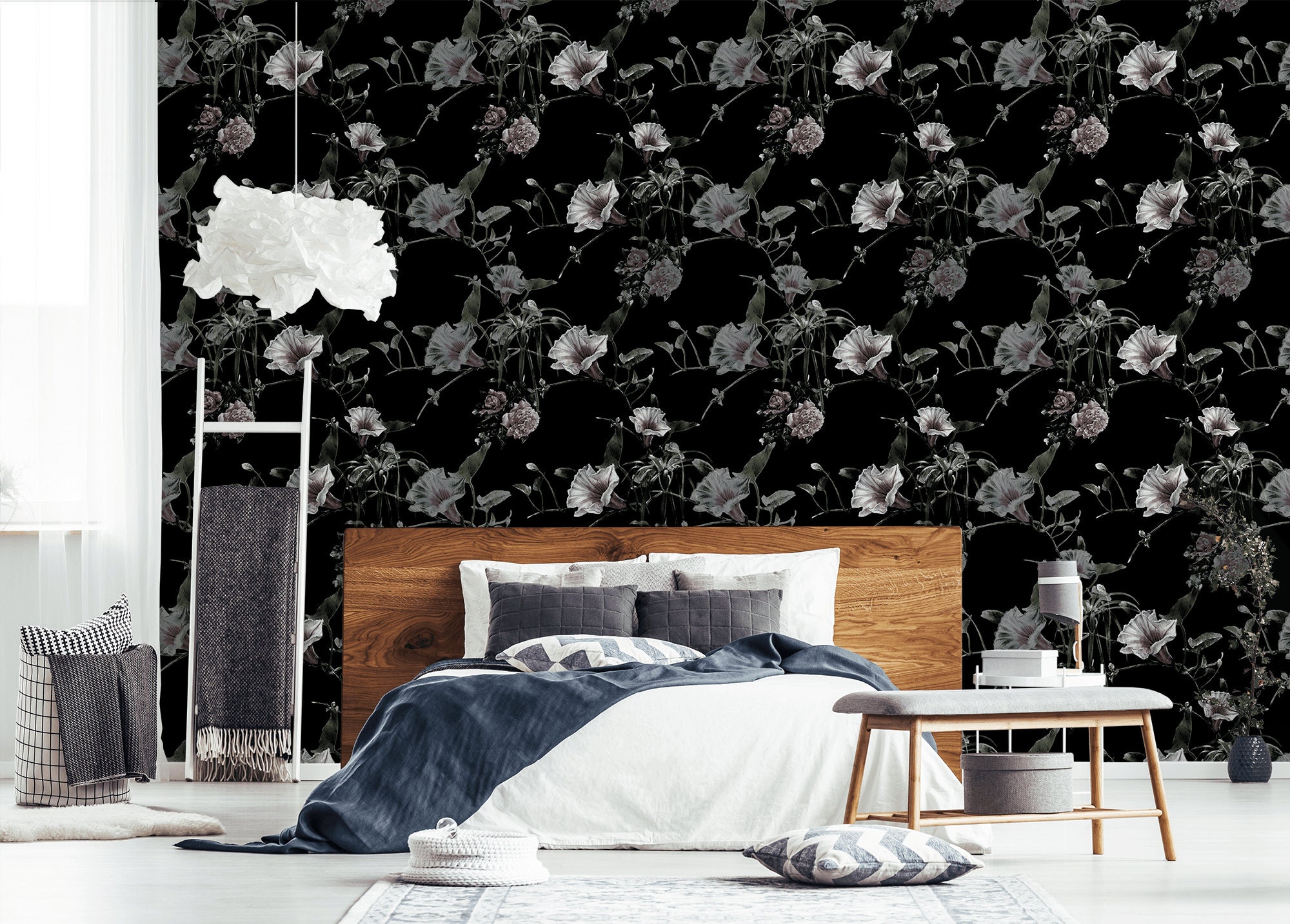 Black Wallpaper With Flowers Peel and Stick Wall Mural Etsy