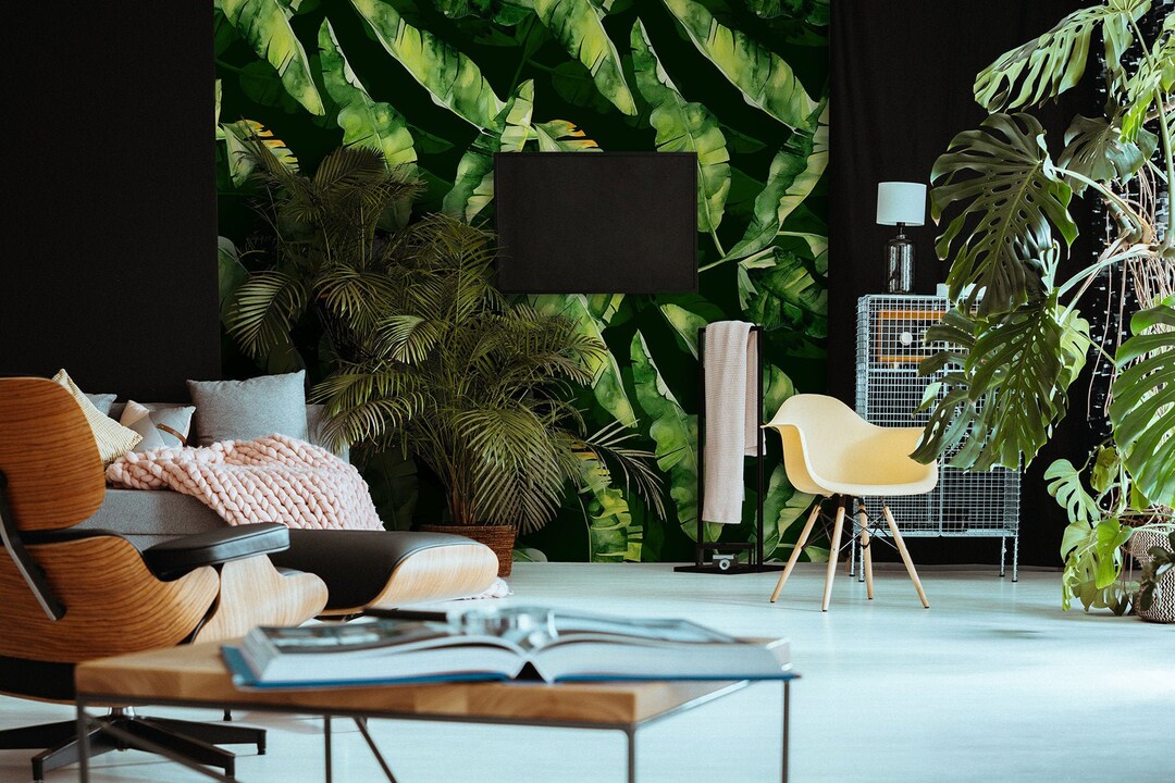 Dark Tropical Wallpaper With Banana Leaf, Peel and Stick Wall Mural ...