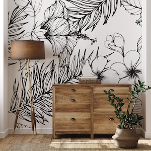 Tropical black and white wall mural, peel and stick removable wallpaper, botanical background, flower print, floral wall decor