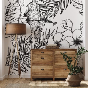 Tropical black and white wall mural, peel and stick removable wallpaper, botanical background, flower print, floral wall decor