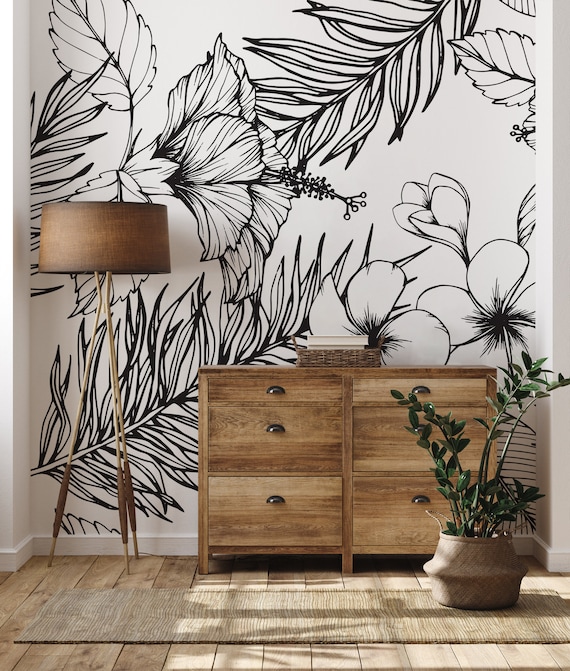 Tropical Black and White Wall Mural Peel and Stick Removable | Etsy