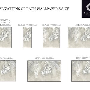 May include: A chart titled VISUALIZATIONS OF EACH WALLPAPER'S SIZE by FloralArt Wallpaper showing seven rectangular wallpaper designs with white palm leaf patterns on a beige background, each labeled with dimensions in inches and centimeters.