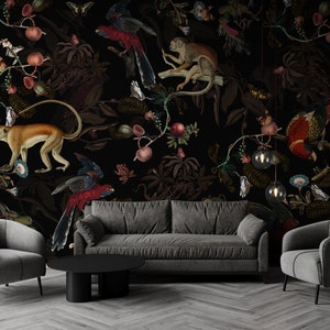 Monkey & red parrot bird pattern, dark vintage tropical wallpaper, self adhesive, peel and stick, removable or traditional, vinyl wallpaper
