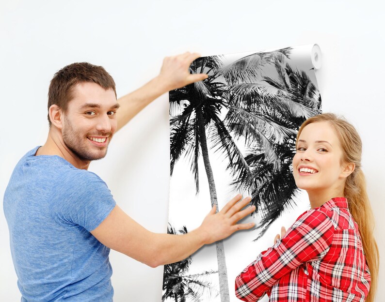 Black and white palm tree wall mural, tropical tree wallpaper, self adhesive removable wallpaper, peel and stick wallpaper, wall decor image 6