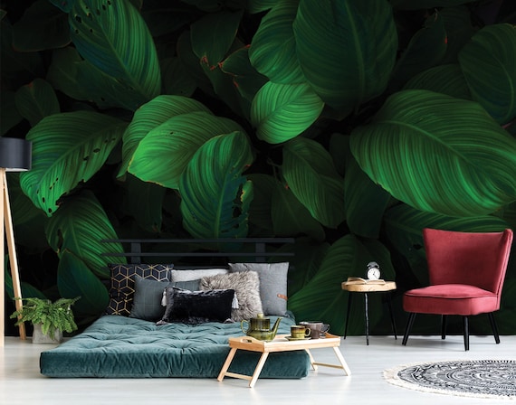 Big green leaf wall mural, removable wallpaper mural, tropical temporary wallpaper, self adhesive peel and stick wallpaper, wall decor