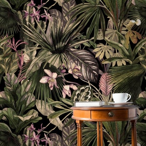 Dark exotic floral wallpaper, peel and stick wall mural, temporary removable wallpaper, watercolor wallpaper, home decor
