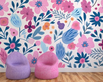 Nursery floral wallpaper, peel and stick boho wallpaper, pattern with leaves and flowers, temporary wallpaper, home decor