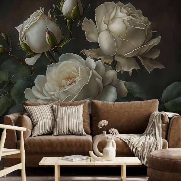 Vintage floral wall mural, dark painting, white roses wallpaper, self adhesive, peel and stick, removable or traditional, vinyl wallpaper