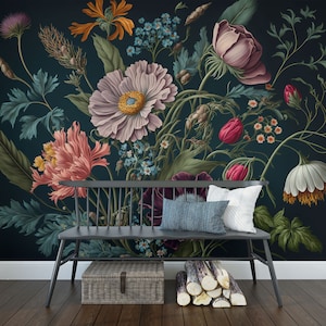 Dark floral wallpaper, vintage botanical wall mural, self adhesive, peel and stick, removable or traditional, vinyl wallpaper