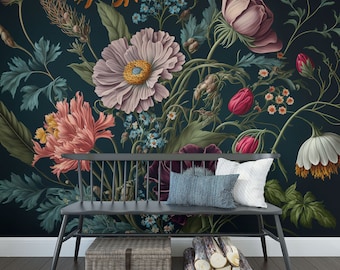 Dark floral wallpaper, vintage botanical wall mural, self adhesive, peel and stick, removable or traditional, vinyl wallpaper