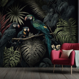Tropischer Dschungel Wandbild, Blätter und Papageien, selbstklebend, schälen und aufkleben, abnehmbar oder traditionell, Vinyltapete