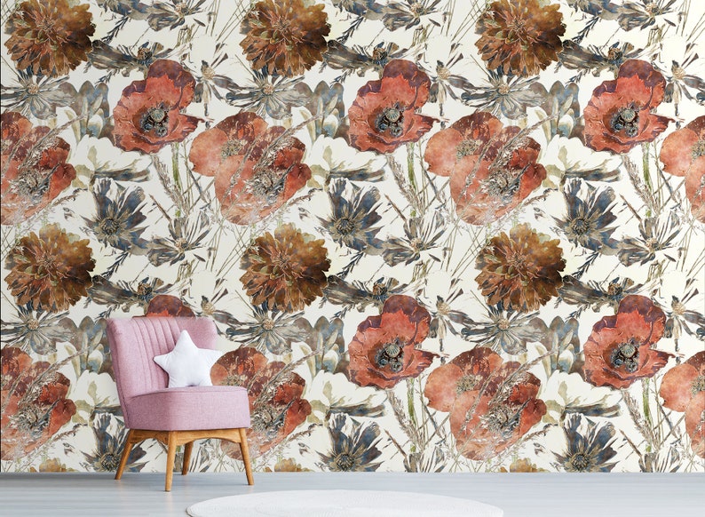 Peel and stick wallpaper with floral pattern of red poppy and Etsy