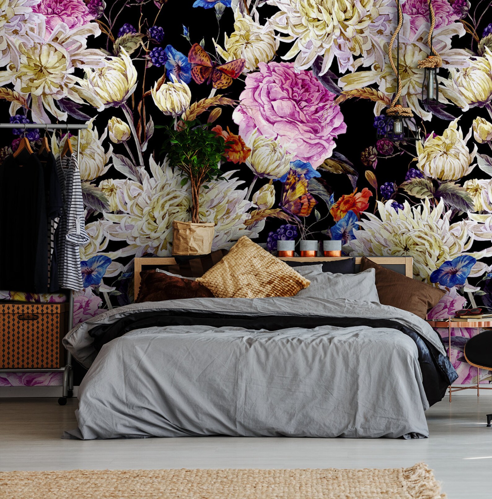 Dark Floral Wallpaper Peel and Stick Wall Mural Watercolor - Etsy