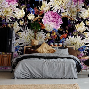 Dunkle Blumentapete, Wandbild zum aufkleben, Aquarell mit Feldblumen, Wanddeko, temporäre Tapete