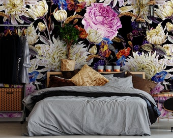 Dark floral wallpaper, peel and stick wall mural, watercolor pattern with field flowers, wall decor, temporary removable wallpaper
